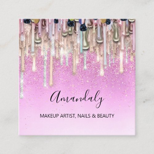 Makeup Artist Nails Glitter Logo Rose Drips Pinky  Square Business Card