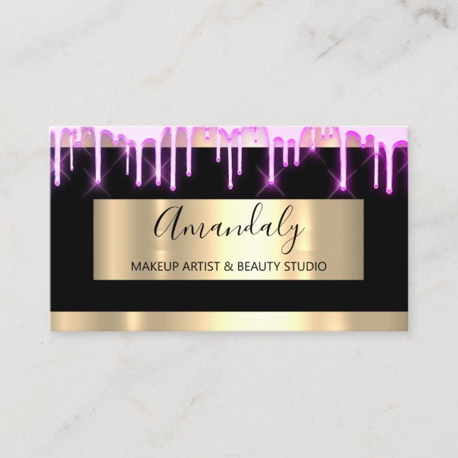 Makeup Artist Nails Gold Black Drips Holograph Business Card (Front)