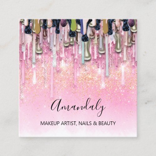 Makeup Artist Nails Logo Rose Glitter Confetti Square Business Card