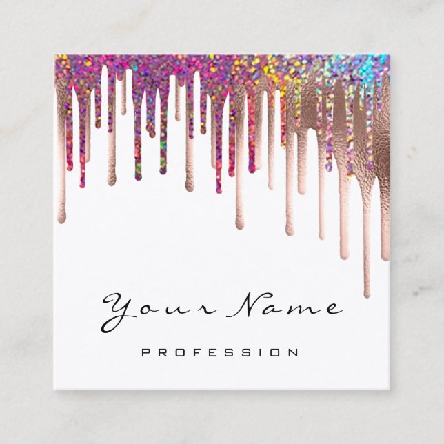 Makeup Artist Nails Rose Rainbow Holograph Drips Square Business Card (Front)