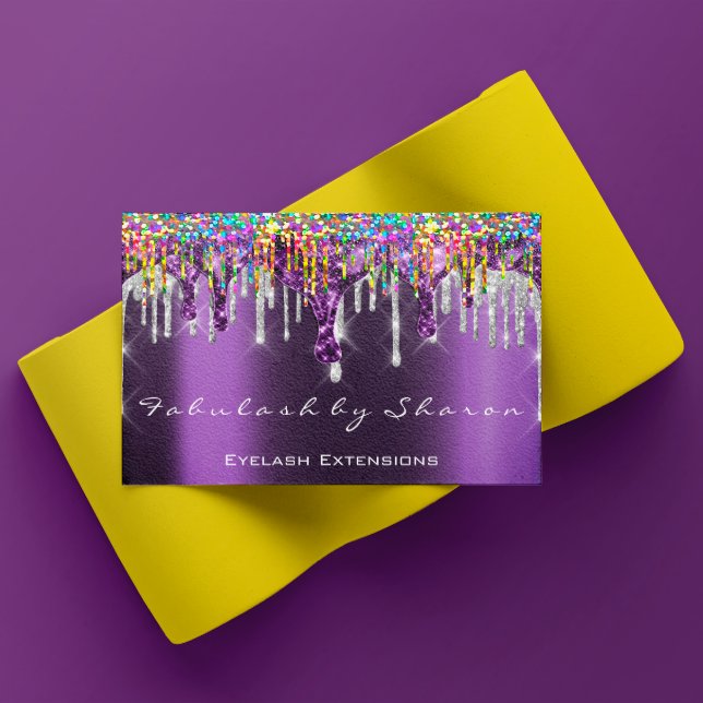 Makeup Artist Nails Silver Drips Purple Holograph Business Card