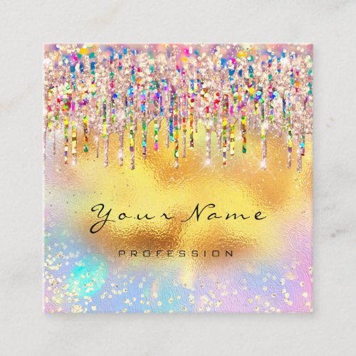 Makeup Artist Nails Unicorn Gold Holograph Drips Square Business Card