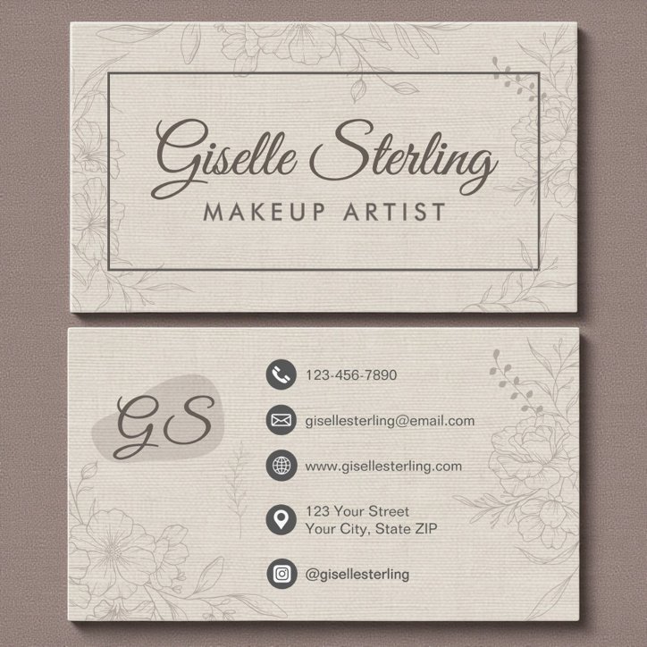 Makeup Artist Neutral Linen Floral Elegant Script Business Card