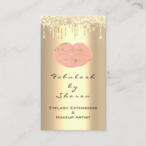 Makeup Artist Peach Kiss Lips Glitter Drips Golden Business Card