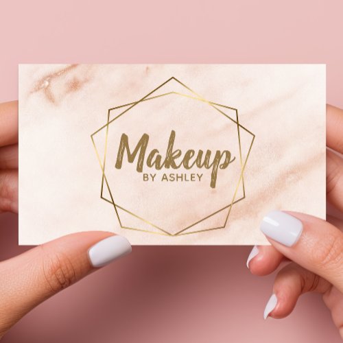 Makeup Artist Peach Marble Geometric Gold Elegant Business Card