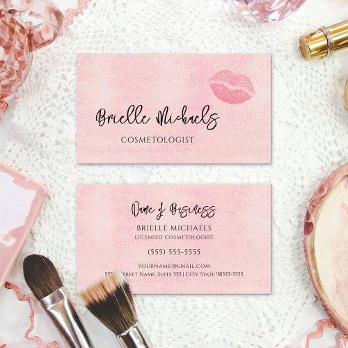 Makeup Artist Pearl Pink Lipstick Kiss Cosmetology Business Card