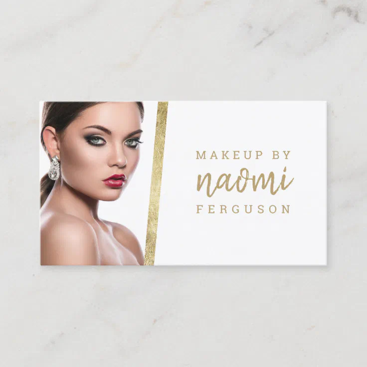 Makeup artist photo glam gold foil modern white business card | Zazzle