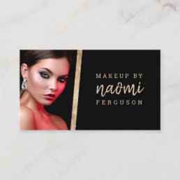 Makeup artist photo rose gold foil modern black business card