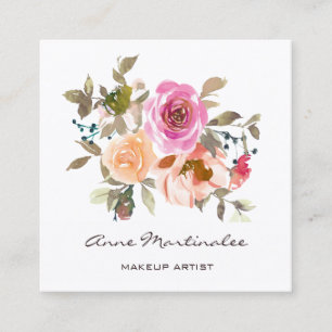 Makeup Artist Pink and Peach Floral Watercolor Square Business Card