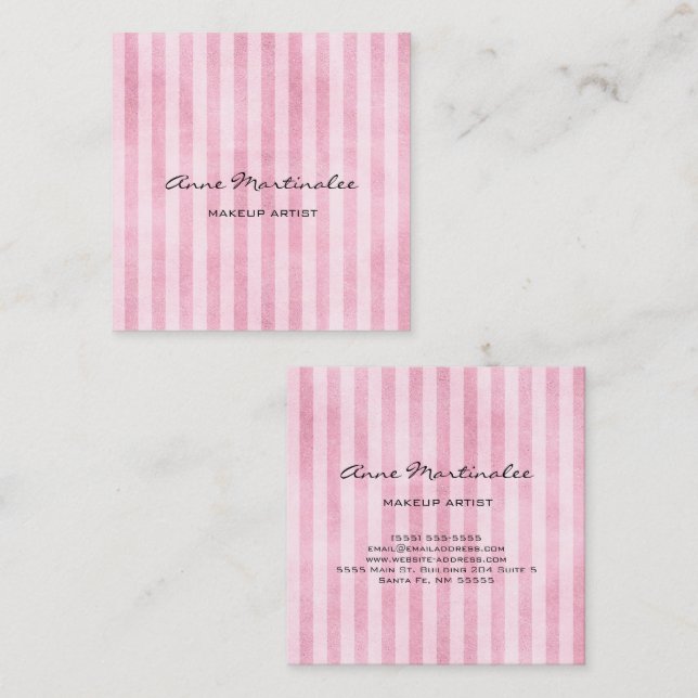 Makeup Artist Pink Distressed Vertical Lines Square Business Card (Front/Back)