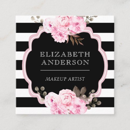 Makeup Artist Pink Floral Black Stripe Square Business Card
