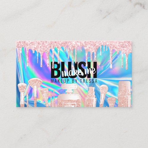 Makeup Artist Pink Glitter Drips Holographic Blue Business Card