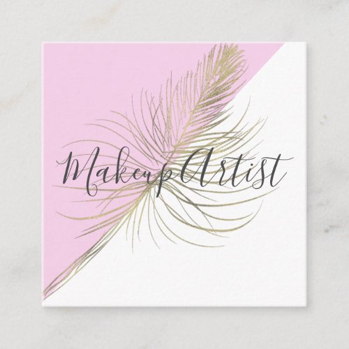 Makeup Artist Pink Gold Faux Feather Salon Square Business Card