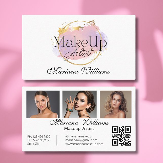 makeup artist pink gold logo, qr code 3 photos  business card (Creator Uploaded)