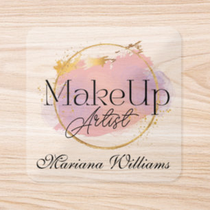 makeup artist pink gold logo stylish business square sticker