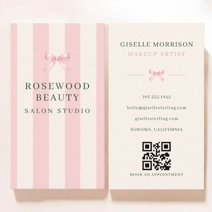 Makeup Artist Pink Green Striped Bow QR Code Business Card