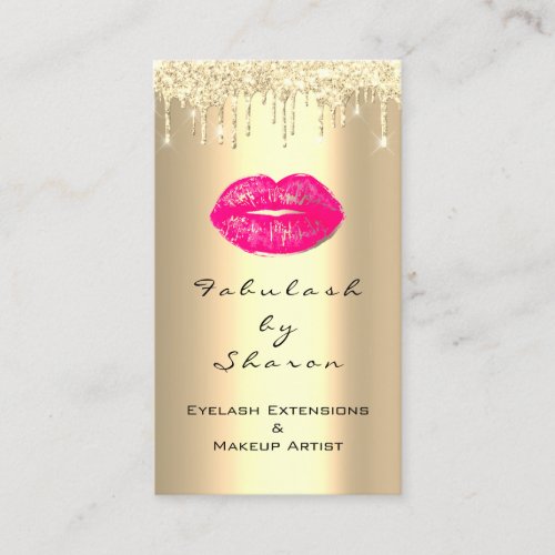 Makeup Artist Pink Kiss Lips Glitter Drips Gold Business Card