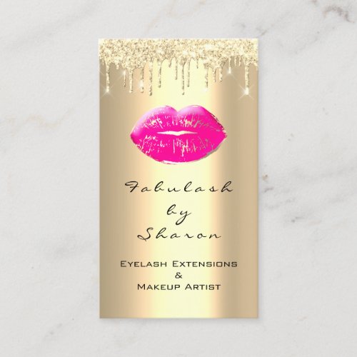 Makeup Artist Pink Kiss Lips Glitter Drips Gold Business Card