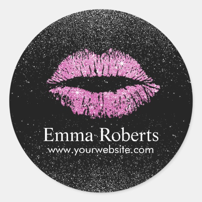 Makeup Artist Pink Lips Modern Black Glitter Salon Classic Round Sticker (Front)