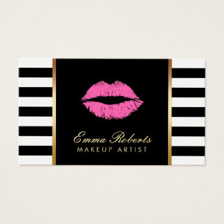 Makeup Artist Pink Lips Modern Black White Stripes Business Card