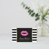 Makeup Artist Pink Lips Modern Black White Stripes Business Card (Standing Front)