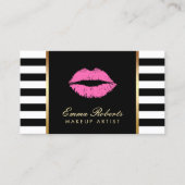Makeup Artist Pink Lips Modern Black White Stripes Business Card (Front)