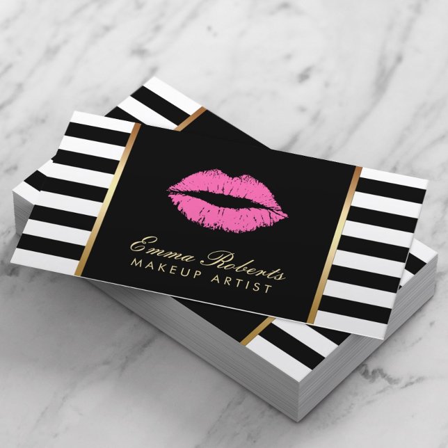 Makeup Artist Pink Lips Modern Black White Stripes Business Card