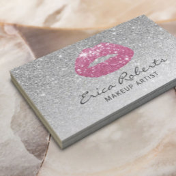 Makeup Artist Pink Lips Modern Silver Glitter Business Card