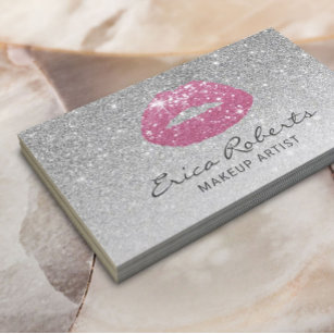 Makeup Artist Pink Lips Modern Silver Glitter Business Card