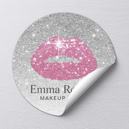 Makeup Artist Pink Lips Modern Silver Glitter Classic Round Sticker