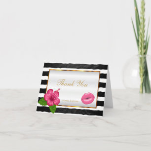 Makeup Artist  Pink Lips on Black & White Stripes Thank You Card