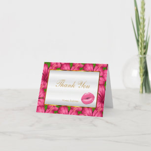 Makeup Artist Pink Lips on Pink Floral Letterpress Thank You Card