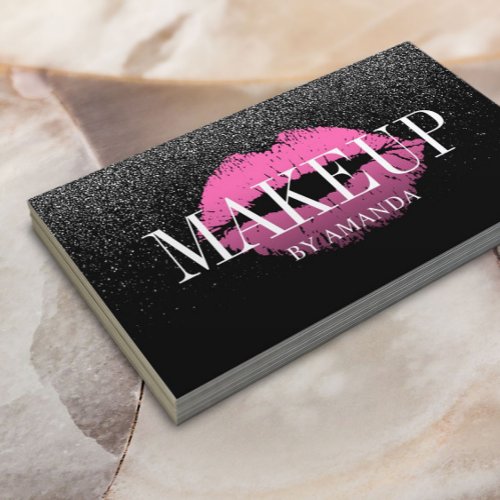 Makeup Artist Pink Lips Trendy Black Glitter Bold Business Card