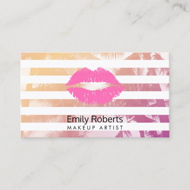 Makeup Artist Pink Lips Trendy Stripes Tropical Business Card (Front)