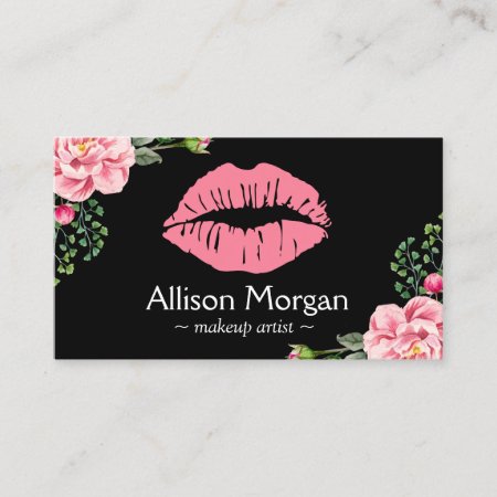 Makeup Artist Pink Lips Vintage Floral Decor Business Card