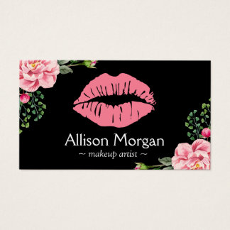 Makeup Artist Pink Lips Vintage Floral Decor Business Card