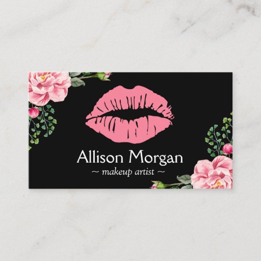 Customizable Makeup Artist Pink Lips Vintage Floral Decor Double-Sided Standard Business Cards (Pack Of 100)