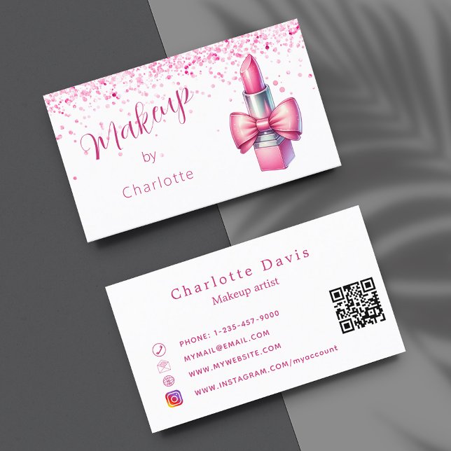 Makeup artist pink lipstick QR code Business Card (Creator Uploaded)