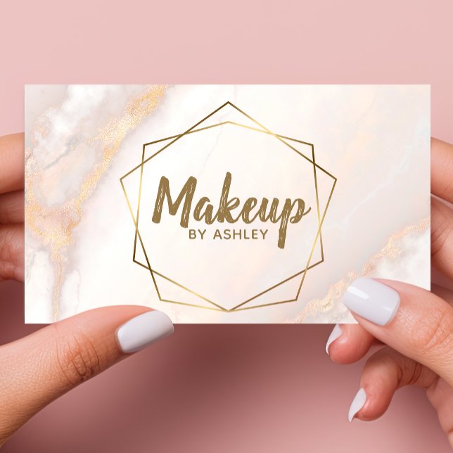 Makeup Artist Pink Marble Geometric Gold Elegant Business Card (Creator Uploaded)