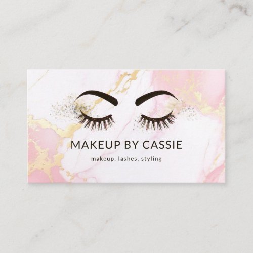 Makeup Artist Pink Marble Gold Frame Glitter Lash Business Card