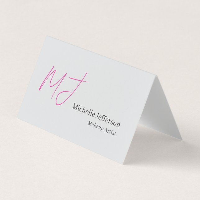 Makeup Artist Pink Monogram Grey Serif Font Business Card (Front)