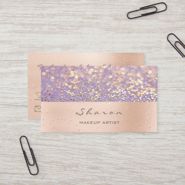 Makeup Artist Pink Rose Gold Glitter Purple Sparkl Business Card (Front/Back In Situ)