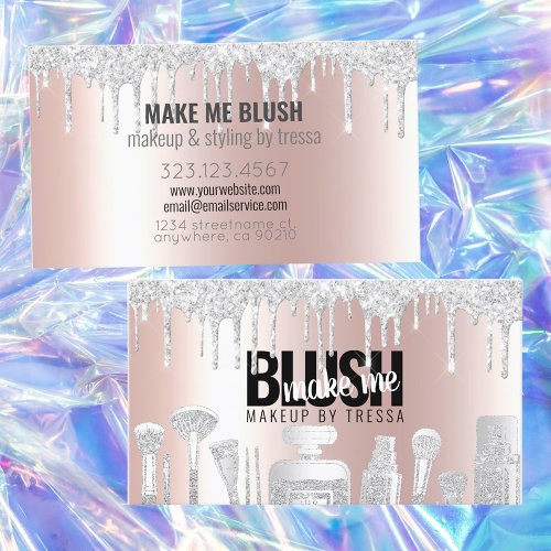 Makeup Artist Platinum Glitter Drips Metallic Pink Business Card