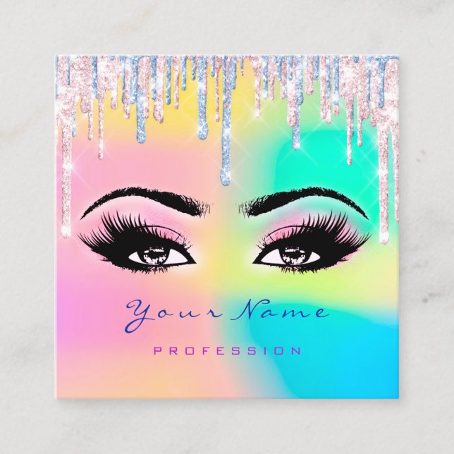 Makeup Artist Professional Eyeash Holograph Drips Square Business Card (Front)