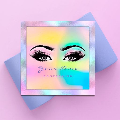 Customizable Makeup Artist Professional Eyeash Holograph Pink Square Business Card