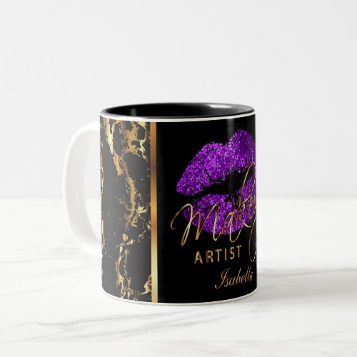 Makeup Artist Purple Glitter Lips  Gold Marble Two_Tone Coffee Mug