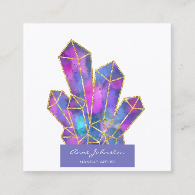 Makeup Artist Purple Gold Glitter Crystals Square Business Card (Front)