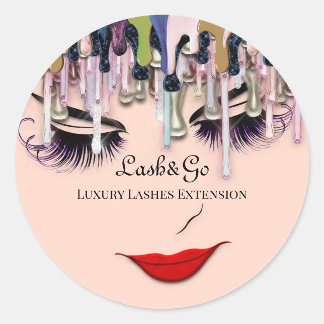 Makeup Artist Purple Lashes Product Red Lips Drips Classic Round Sticker (Front)