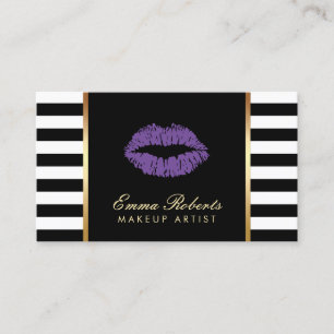 Makeup Artist Purple Lips Modern Black Stripes Business Card