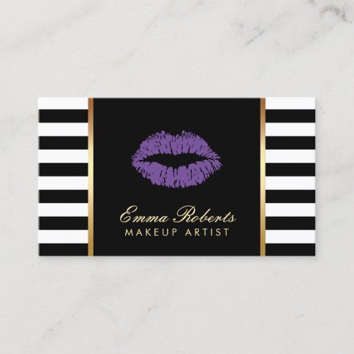 Makeup Artist Purple Lips Modern Black Stripes Business Card